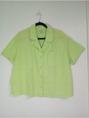 A New Day Lime Green Button-Up Short Sleeve Shirt XL Linen Blend